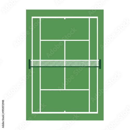 Vector illustration of green tennis court, top view, with white lines and net. Ideal for sports graphics, game design, digital media, offering scalable crisp clarity