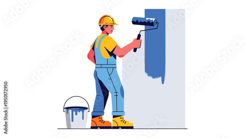 Painter At Work: A skilled painter diligently applies a fresh coat of blue paint to a stark white wall, bucket and roller in hand, embodying the essence of renovation and home improvement.