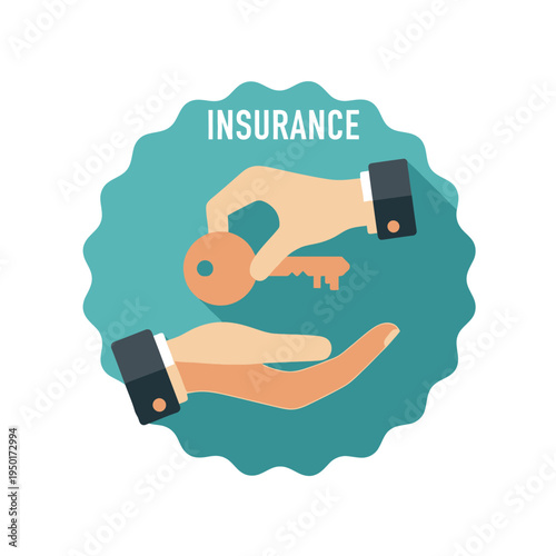 Vector illustration insurance concept. Hands exchange a key, representing secure property transfer, asset protection, and trusted transactions in a flat design emblem