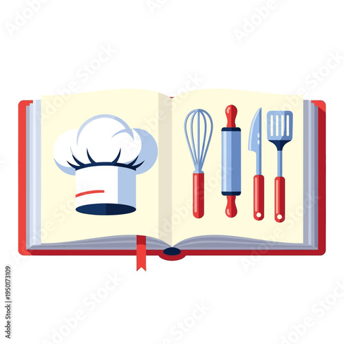 Vector graphic of open cookbook, chef's hat, kitchen utensils. Ideal for culinary arts, recipe planning, cooking education