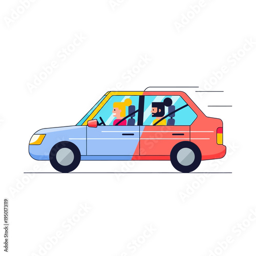 Vector illustration of a two-sided car journey, portraying covert surveillance and a hidden camera within a vehicle, highlighting modern privacy concerns and duality