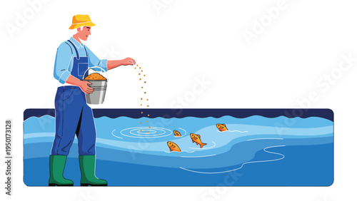 Fish Farming: A farmer, clad in work attire, nourishes a school of fish in an aquaculture environment, illustrating sustainable seafood practices and the harmony between man and aquatic life.