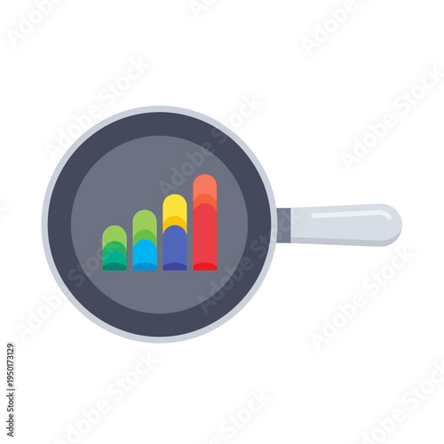 A vector graphic of a colorful bar chart in a frying pan, symbolizing data analysis, market research, and business growth. This visual represents cooking up success with financial insights