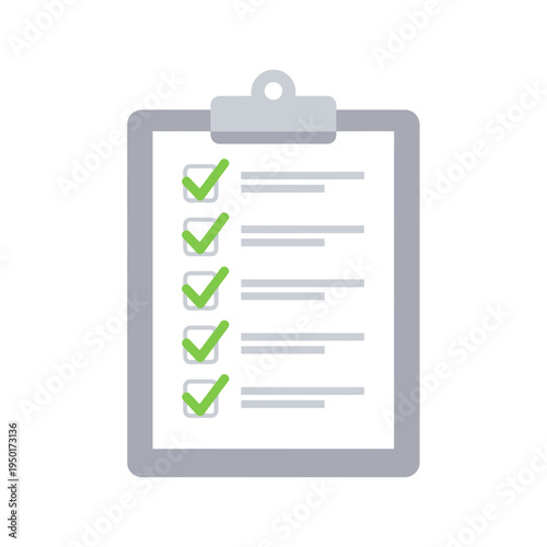 Comprehensive vector illustration of a fully completed task checklist on a gray clipboard, signifying successful accomplishment, project management, and organized productivity