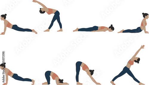 Yoga sequence illustration showing multiple poses including plank, cobra, warrior, forward bend, and upward dog representing exercise, stretching, relaxation, meditation, and healthy lifestyle practic
