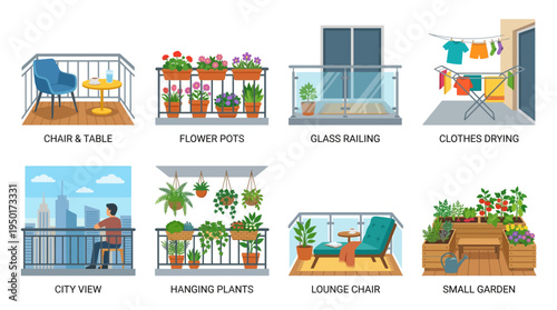 Vector illustrations showcasing various modern apartment balcony designs, featuring outdoor living spaces for urban relaxation, gardening, laundry, and city view