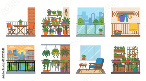 Vibrant vector illustrations of diverse balconies, showcasing urban outdoor living with lush plants, furniture, and cityscapes. Ideal for design and lifestyle concepts
