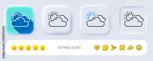 Sunny weather forecast line icon. Neumorphic, Flat shadow, 3d buttons. Clouds with sun sign. Cloudy sky symbol. Line sunny weather icon. Social media icons. Vector