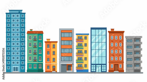 A bright vector illustration portraying a charming city skyline, showcasing a diverse collection of modern and classic urban buildings with varied architectural designs