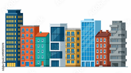 Vibrant vector cityscape illustration showcasing diverse modern architecture buildings, representing a bustling urban environment with a flat design aesthetic
