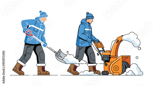 Winter snow clearing work: Illustrative image of two individuals working to clear heavy snowfall in a winter scene.