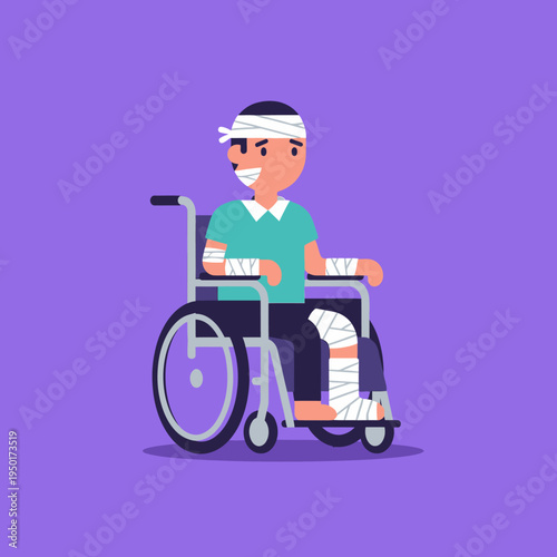 Injured man in wheelchair with bandages, smiling, recovery concept