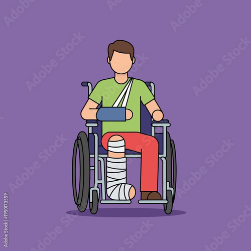 Injured man in wheelchair with broken leg and arm cast, recovery and rehabilitation concept
