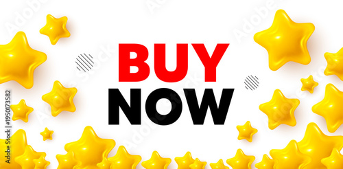 Buy now winner banner with 3d stars. Golden stars banner. Buy Now tag. Special offer price sign. Advertising Discounts symbol. Review rate background. Vector