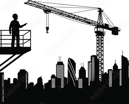Construction worker standing on scaffolding with crane and city skyline