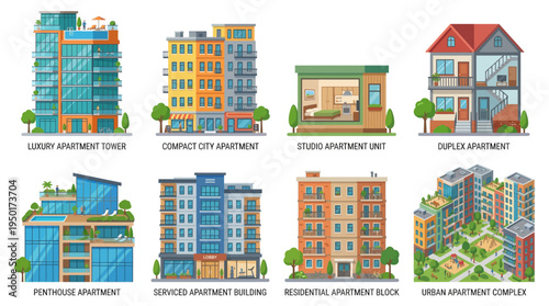 Comprehensive vector collection showcasing diverse modern city apartment buildings, residential housing units, and urban architectural structures for contemporary living design