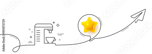 Coffee machine line icon. Continuous line with share plane. Hot drink sign. Fresh beverage symbol. 3d star in speech bubble. Coffee machine single line ribbon. Loop curve pattern. Vector