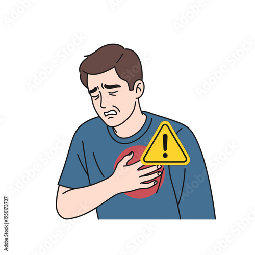 Man clutching chest in pain with warning sign, heart attack symptom, medical emergency