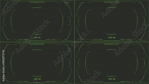 Retro futuristic green overlay CCTV set of four display on screen. 16:9 format video template. CCTV camera overlay surveillance and security. Green retro-futuristic UI overlay.