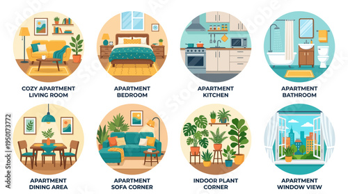 Modern apartment interior vector illustrations. A detailed collection showcasing various home rooms living, bedroom, kitchen, bathroom, dining, and plant corner