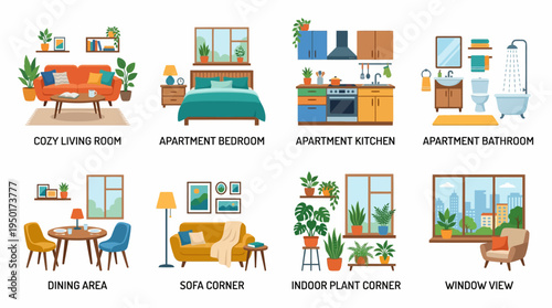 Vector illustration set of modern apartment interior design concepts. Highlights stylish home decor, functional furniture, and lush plants for diverse living areas