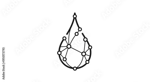 A black line art illustration of a water droplet with connected nodes.