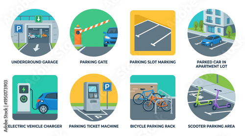 Vector illustrating urban parking infrastructure and diverse mobility. Features EV charging, bike racks, scooter zones for smart city concepts