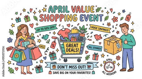 April Value Shopping Event Banner with Shoppers