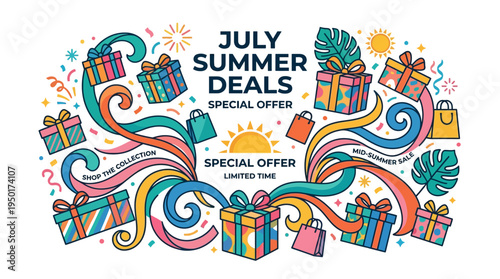 Colorful July Summer Deals Banner with Gift Boxes