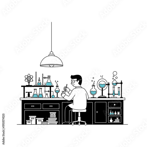 Chemist Working in Laboratory Black and White