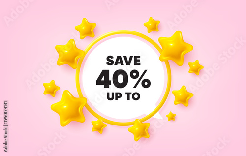 Discount frame banner. Speech bubble offer. Save up to 40 percent. Discount Sale offer price sign. Special offer symbol. 3d stars glitter tag. Golden frame banner. Vector