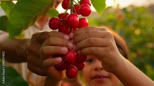 Asian male farmer and young girl picking cherries together in a lush orchard, with baskets filled with ripe fruit under a warm sunset sky