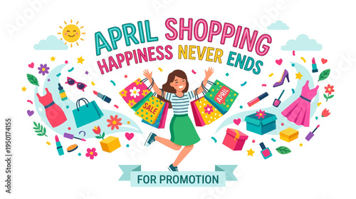 April Shopping Promotion Featuring a Happy Woman with Shopping Bags