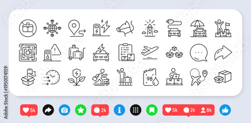 Maze, Packing boxes and Delivery location line icons pack. Social media: share, comment, like icons. Journey, No handbag, Parcel shipping web icon. Vector