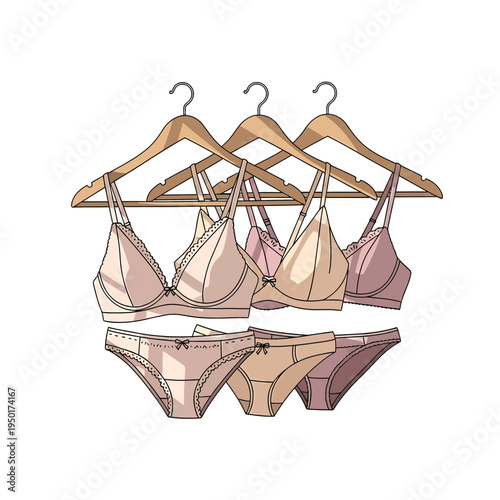 Underwear Sets Hanging on Wooden Hangers