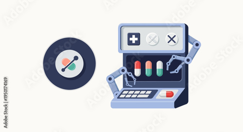 Robot arms interacting with a computer interface and a circular object.