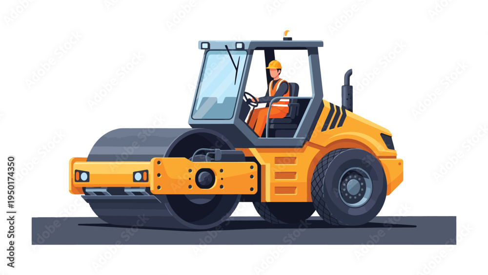 Fototapeta premium Road Roller at Work: A vibrant illustration showcasing a heavy road roller diligently at work on a fresh asphalt surface, driven by a skilled operator.