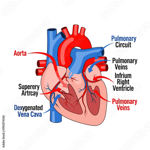 Human Heart Anatomy Diagram: Blood Circulation Pathway, Pulmonary Circuit, Aorta, Vena Cava