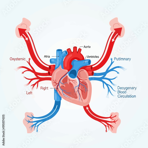 Human Heart Anatomy and Blood Circulation Diagram: Oxygenated and Deoxygenated Blood Flow