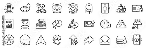 Vacuum cleaner, Music book and Energy growing line icons pack. Share, Message, Paper plane icons. Download photo, Eye drops, Typewriter web icon. Metro, Delegate work, Pin pictogram. Vector