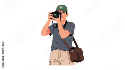 Photography Enthusiast Capturing Moment: An illustration of a person engrossed in capturing a moment through a camera, conveying a passion for photography and an appreciation for visual storytelling.