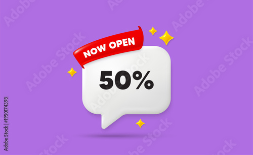 Discount ribbon speech bubble. Now open flag ribbon. 50 percent off sale tag. Discount offer price sign. Special offer symbol. 3d sparkle stars speech bubble. Vector