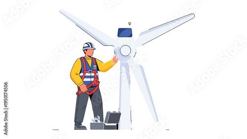 Wind Turbine Technician at Work: An engineer, clad in protective gear, diligently maintains a towering wind turbine, embodying the innovation and sustainable energy.