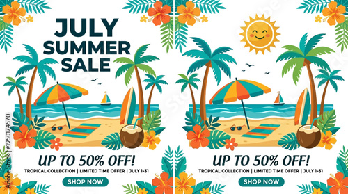 July Summer Sale Banner with Tropical Beach Scene