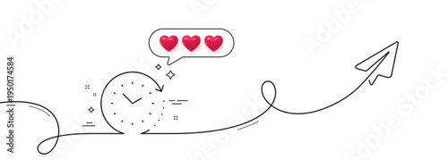 Time change line icon. Continuous line with share plane. Clock sign. Watch symbol. Hearts rate review in speech bubble. Time change single line ribbon. Loop curve pattern. Vector