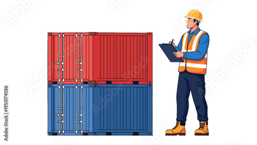Logistics Inspector in Cargo Yard: An attentive inspector in a construction helmet meticulously reviews a shipping container, with a clipboard in hand.