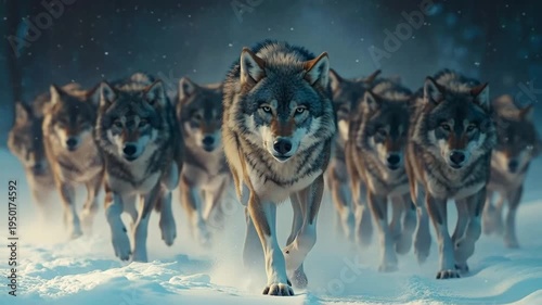 Pack of gray wolves running together through the deep snow during a winter night