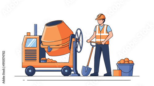 Construction Harmony: A construction worker skillfully operates a concrete mixer, embodying diligence and expertise at a construction site. 