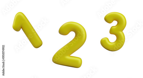 Yellow 3D numbers on white background. 1, 2, 3. Mathematical symbols. Vector composition, concept of teaching numbers. Template for preschools, schools