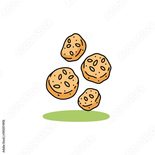 Cartoon Falafel Balls with Seeds and Green Patch